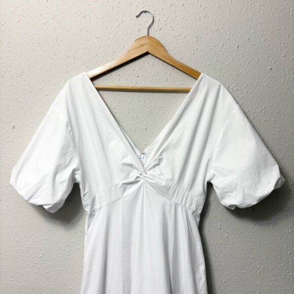 STAUD Finely Twisted Front Midi Dress Classic White V-Neck Puff Sleeve, Size 8 - Picture 2 of 14